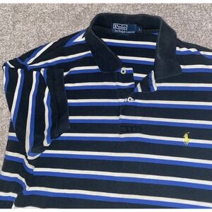 POLO Ralph Lauren Men Cotton‎ Short Sleeve Blue Striped Yellow Pony Shirt Large
